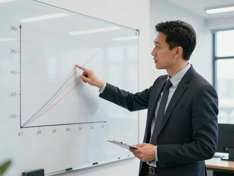 A professional sales trainer pointing to a white board with distribution metrics and SKU velocity diagrams, crisp office lighting, active gesture.