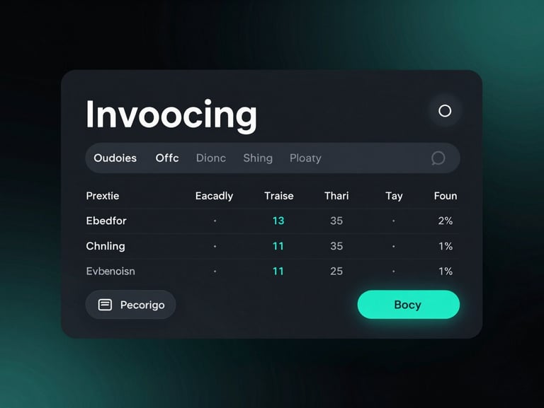 Minimalist dark-mode invoicing interface with clean typography, subtle cyan accent lighting, high-contrast studio setup.