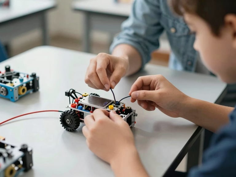Close-up of a child's hands carefully wiring a small robotic chassis on a bright classroom desk, with a mentor guiding from the side under natural daylight.