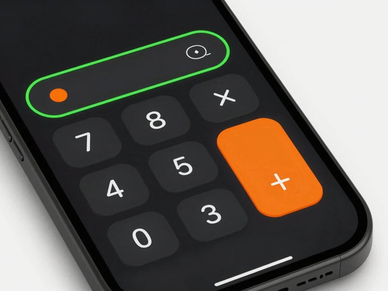 A clean vector schematic of a minimalist calculator app interface on a matte black screen, featuring sharp neon green lines and safety orange active states.