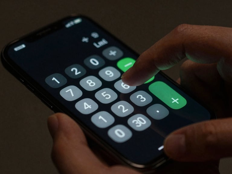 Extreme close-up macro shot of a hand interacting with a matte black Android phone screen showing a mechanical calculator interface. Moody low-key studio lighting with neon green rim light reflecting off the glass.