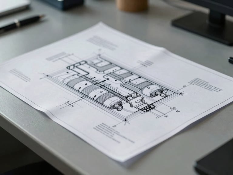 Tight macro detail of a physical blueprint on a slate gray metal desk, soft diffuse office light, structured precision.