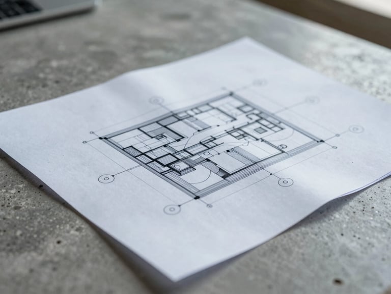 A close-up macro photograph of a physical blueprint overlaying a clean concrete workspace under cool diffuse daylight.