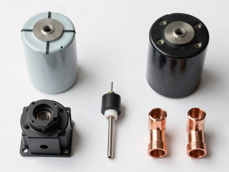 Overhead flat-lay of individual AC spare parts arranged on a clean white surface — a capacitor, a contactor relay, a thermistor sensor, and copper refrigerant fittings, each component isolated and lit by diffused studio light from above, sharp detail on metal contacts and component markings, clinical documentation style