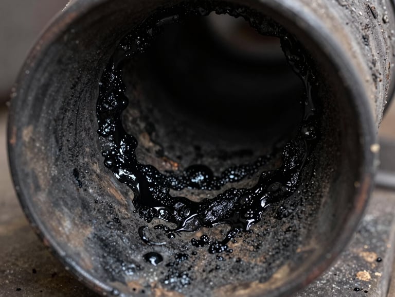 Macro close-up of a heavily soot-clogged dark metal chimney duct interior, thick black grease blocking the airflow, sharp flash photography.