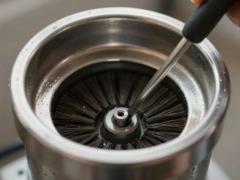 Macro close-up of a clean, shining metal chimney interior after professional rotary brush cleaning, clear open passage, bright utility lighting.