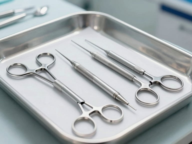 Sleek, modern aesthetic surgery tools arranged on a sterile surgical tray, bright clinical white light, precise detail.