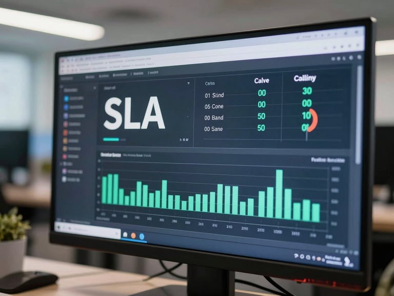 Macro shot of a real-time operational dashboard on a clean monitor, displaying crisp SLA metrics and call queue charts, cool bright office LED lighting, professional atmosphere.