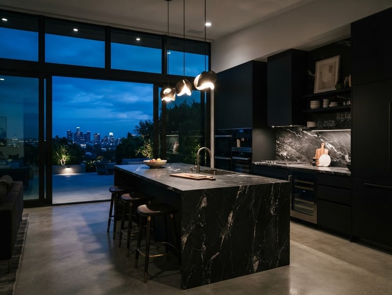 High-contrast modern kitchen interior, dramatic twilight lighting, marble countertops, wide perspective
