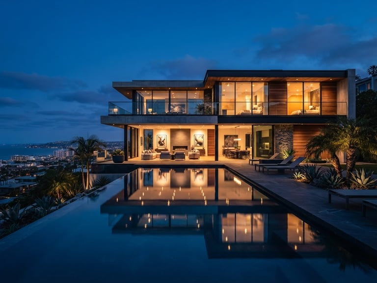 Sleek architectural twilight exterior of a modern luxury home, glowing pool reflections, sharp wide-angle lens, cinematic color grading