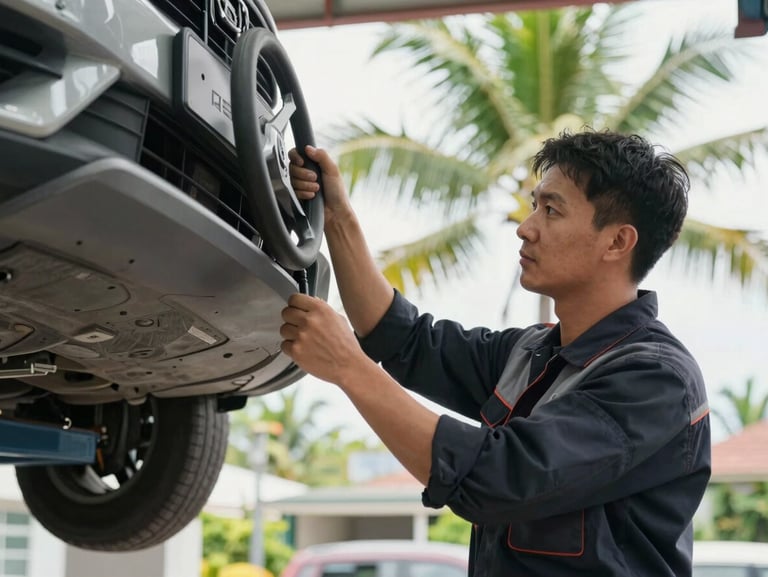 A professional mechanic in a clean dark uniform adjusting a steering column under a vehicle on a hydraulic lift, bright tropical daylight coming from the background.