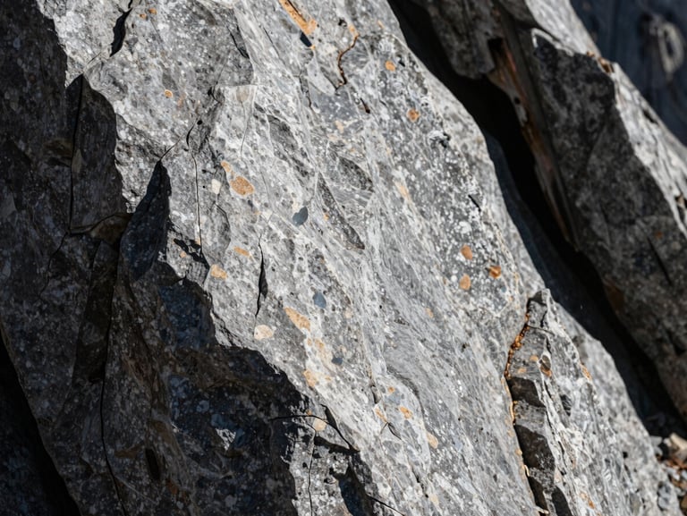 Tactile close-up of honed grey stone and charred timber under harsh high-altitude mountain sunlight casting deep dramatic shadows