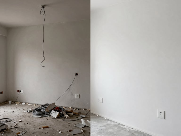 A split-screen comparison. On the left, a chaotic room with hanging wires and broken plaster. On the right, the exact same wall perfectly finished, painted in clean white, with modern minimalist electrical outlets