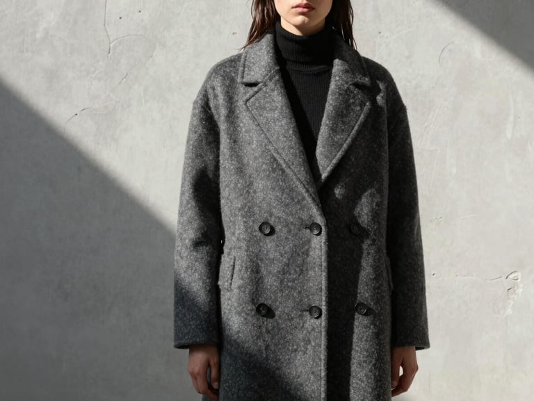 High-contrast fashion editorial, model standing in a structured wool coat against a raw plaster wall, sharp geometric shadows, natural overcast light.