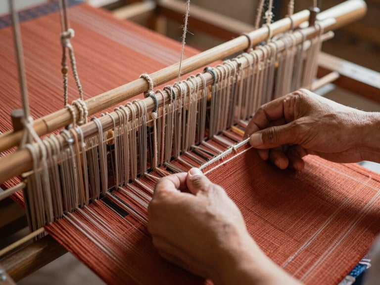 Close-up of hands weaving a traditional textile on a handloom, warm clay tones, focused craftsmanship, natural light.