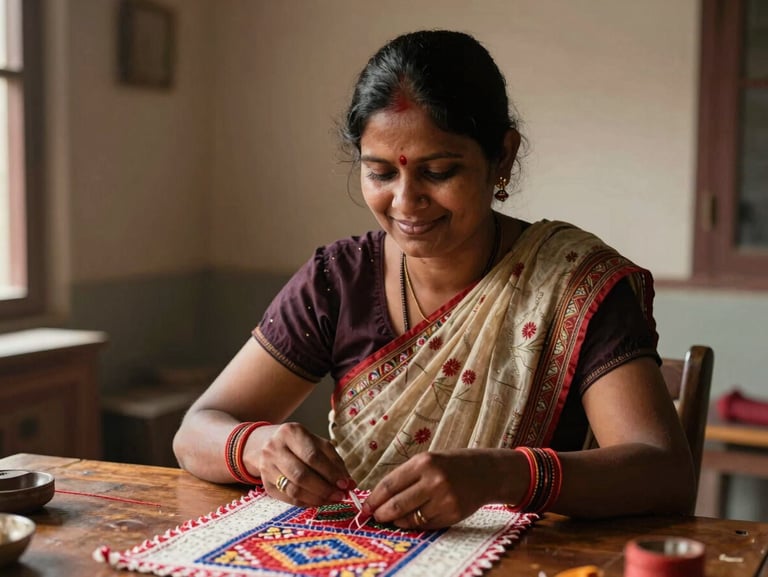 Medium eye-level shot of a tribal woman in Maharashtra sitting at a wooden table, smiling confidently while demonstrating a hand-stitched textile craft, warm natural daylight.