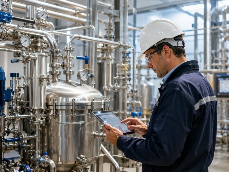 Industrial technician reviewing process equipment and instrumentation