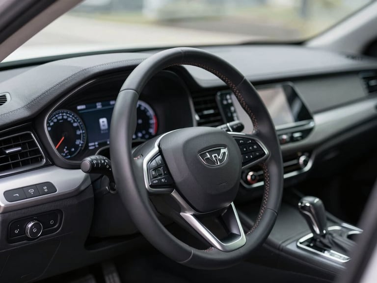 Extremely clean modern car dashboard interior, steering wheel stitching in sharp focus, dust-free digital displays, soft side lighting