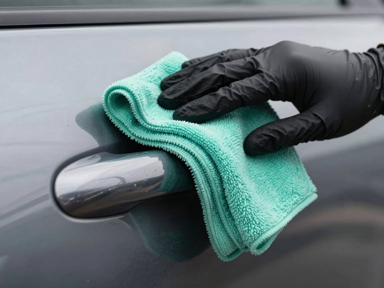Macro shot of hands in black nitrile gloves gently wiping a glossy car door handle with a thick neon-teal microfiber cloth