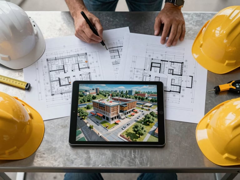 Overhead flat-lay of a construction site coordination meeting, printed floor plans and a tablet showing a 3D model side by side on a steel table, hard hats and measuring instruments at the edges, cool diffused daylight