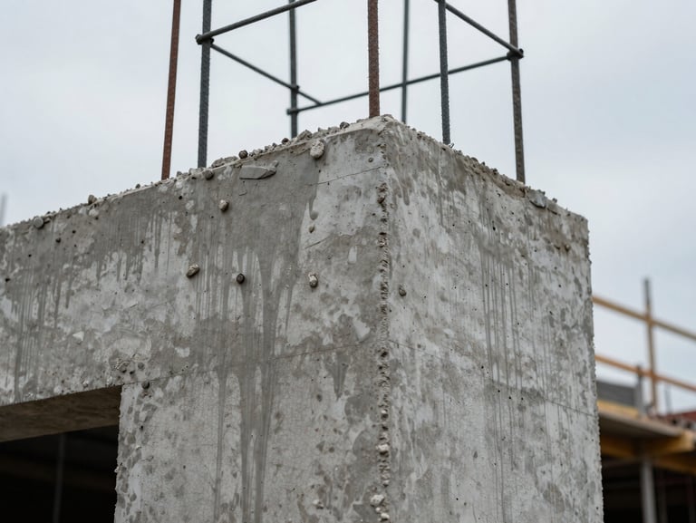 Extreme close-up of a concrete formwork detail at an active construction site, cool overcast daylight, water marks and aggregate texture visible on the surface, no people
