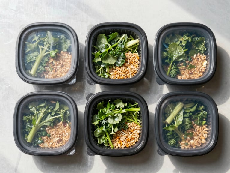 Overhead flatlay close-up of four sealed meal boxes on a white steel surface under bright natural north-facing light, lids slightly ajar revealing fresh greens and grains, no hands, no props, precise and clean framing