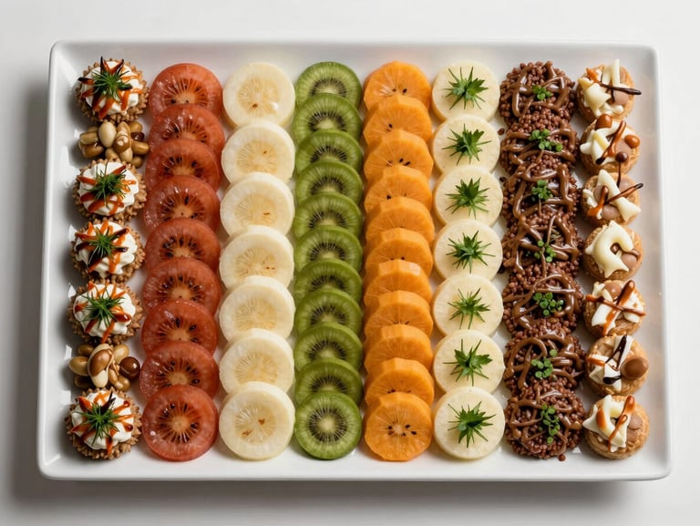 Overhead flatlay of a large rectangular platter with portioned servings arranged in neat rows on a white surface, bright studio light rendering colors accurately, no garnish theatrics, clean and operational framing