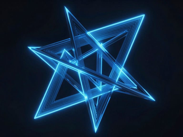 Abstract sharp-edged 3D geometry representing a complex data structure, glowing electric blue lines on a dark background, high contrast, technical precision.