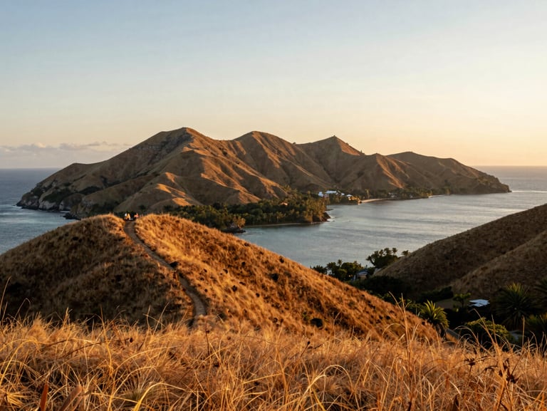 Wide landscape of Padar Island hills at sunrise, soft golden light on the dry grass and blue bays, warm editorial travel photography