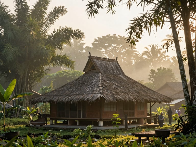 Soft morning mist surrounding a traditional Javanese joglo house in a lush green village in Yogyakarta, warm sun rays filtering through bamboo trees