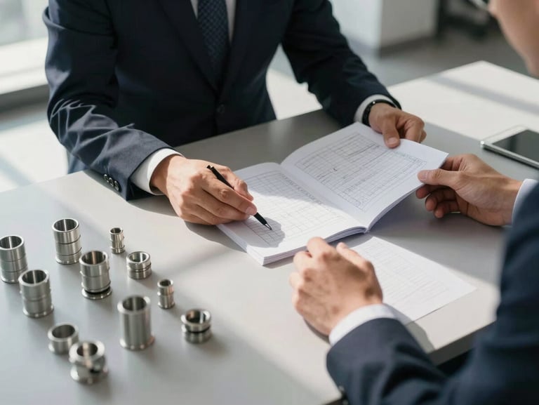 Close editorial framing of a professional in dark business attire at a wide industrial desk, reviewing printed specification sheets and conduit component samples under hard window light from the left, sharp shadows on matte desk surface, no face visible — hands and documents in frame