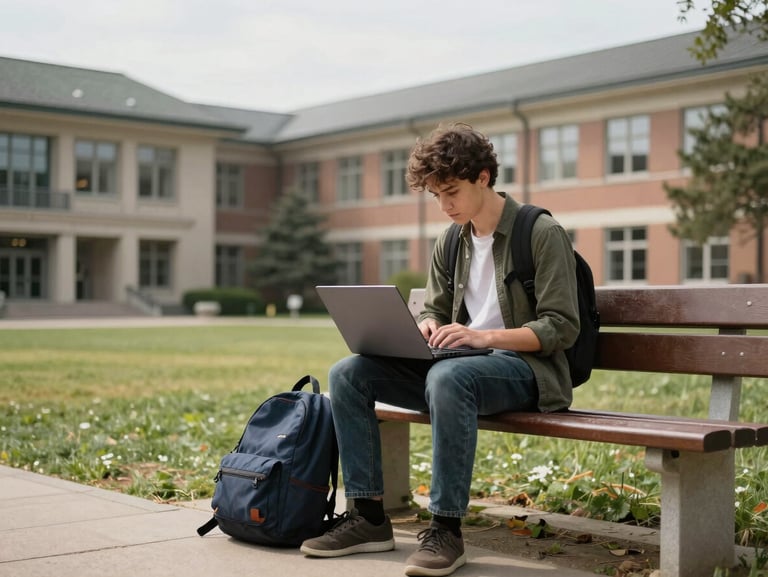 Male international student studying at an outdoor campus bench, laptop open, backpack on the ground beside him, university buildings in the background, bright overcast daylight, authentic unstaged moment