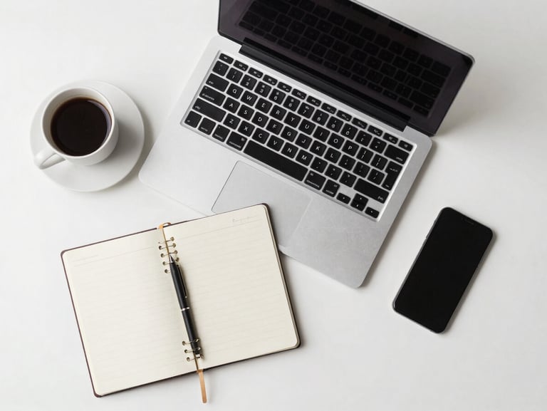 Overhead flat-lay of a modern desk workspace — open laptop, notebook, coffee cup, and phone arranged neatly on a white surface under diffused studio light, no people, clean and minimal
