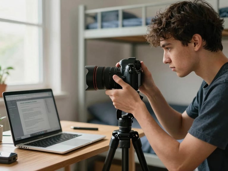 Close-up of a male student creator adjusting a camera on a tripod in a tidy dorm room home studio, laptop open on the desk beside him, soft natural window light from the left, authentic working environment