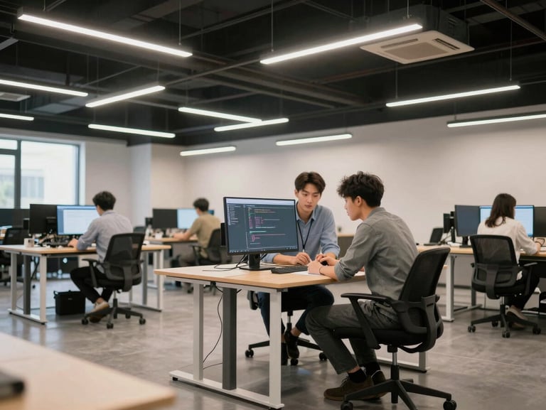 Wide shot of a modern shared workspace interior, two male students collaborating at a standing desk reviewing content on a large monitor, clean open-plan environment, diffused overhead lighting