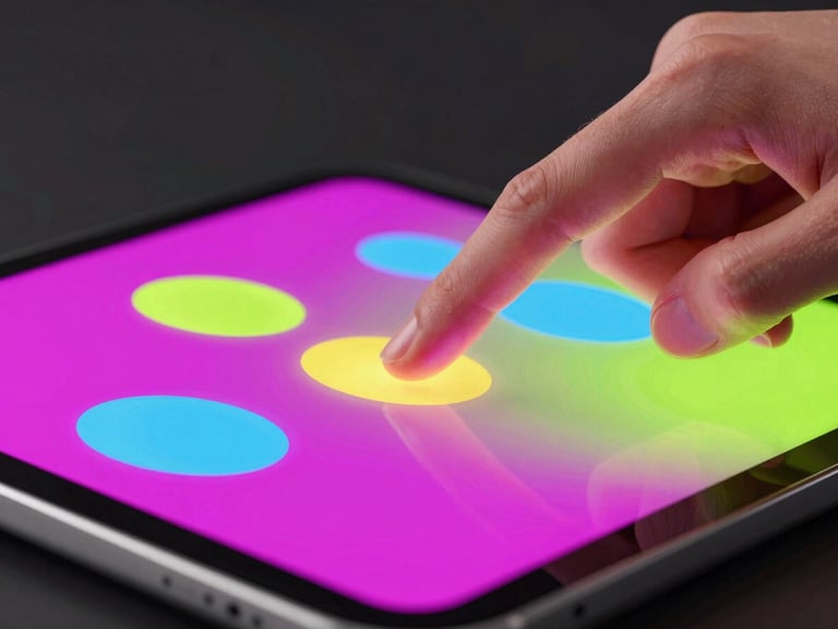 Extreme close-up of fingers interacting with a colorful physics-based puzzle app on a tablet screen, vibrant magenta and cyber lime rim lighting