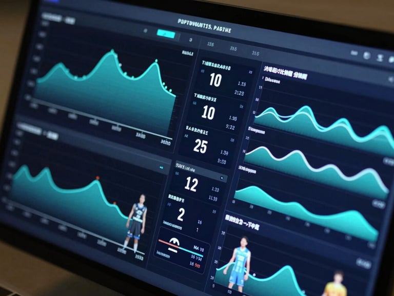 Close-up crop of a dark sports analytics dashboard, displaying high-fidelity interactive trend lines and multi-layered player efficiency heatmaps, glowing electric cyan and deep navy, high contrast vector rendering.