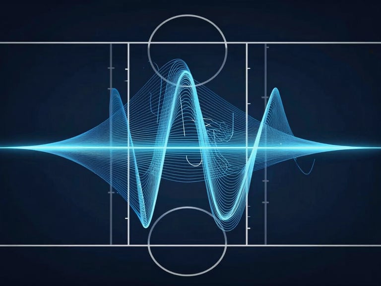 Abstract mathematical representation of basketball court geometry overlaid with probability distribution curves, crisp vector lines, glowing ice-blue accents on a dark navy background.