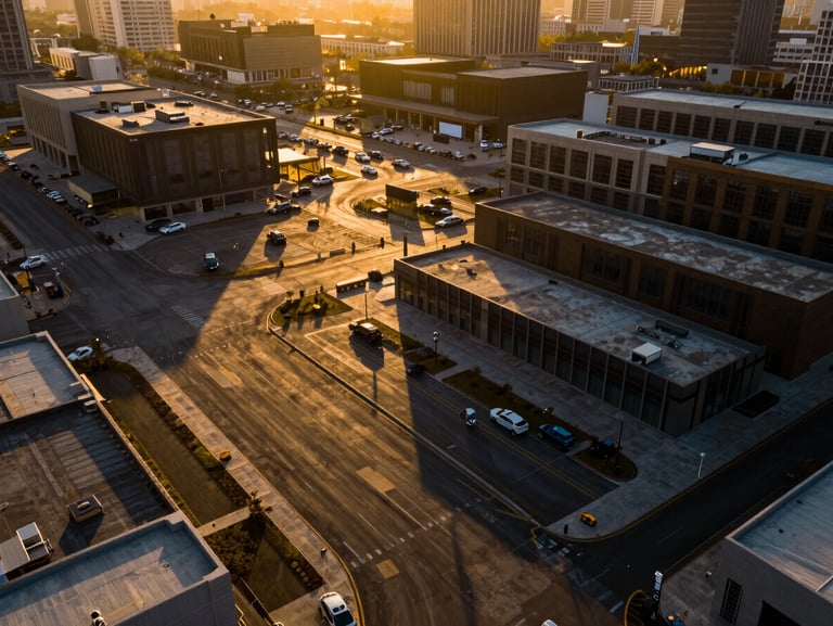 Crisp high-contrast architectural drone shot of a cleared urban commercial plot, golden hour shadows, rich gold and dark tones, wide-angle lens.