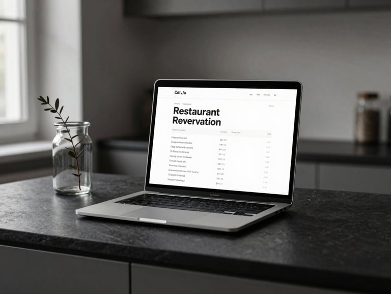 Minimalist laptop mockup showing a restaurant reservation interface, placed on a dark slate kitchen counter with a single branch in a glass jar, moody controlled daylight, high contrast.