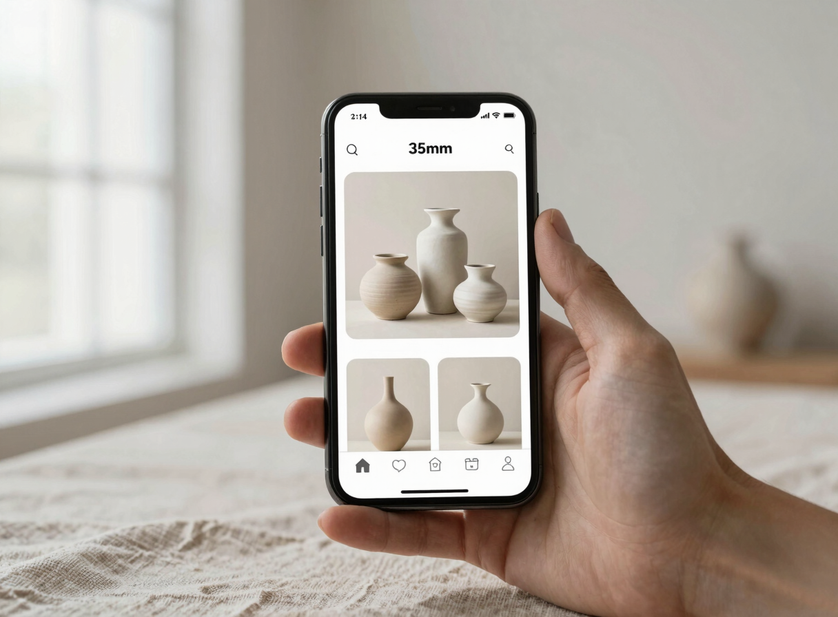 Sleek smartphone mockup showing a clean e-commerce catalog of ceramic vases, held by a hand over a textured linen backdrop, soft neutral tones, studio lighting, sharp focus.