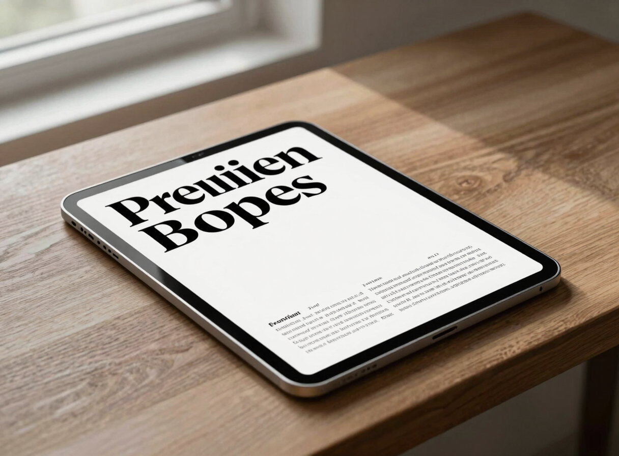 Premium tablet mockup displaying an editorial magazine layout with high-contrast typography, resting on a wooden table with soft shadows, minimalist aesthetic, natural daylight, 35mm photo.