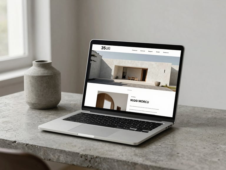 High-fidelity mockup of a minimalist architecture website displayed on a sleek laptop screen, placed on a raw concrete desk next to a concrete vase, soft natural window light, muted neutral tones, sharp focus, 35mm photography.