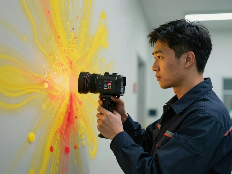 A technician in a navy uniform holding a professional thermal imaging camera, displaying bright yellow and red moisture patterns on a wall, clinical lighting.