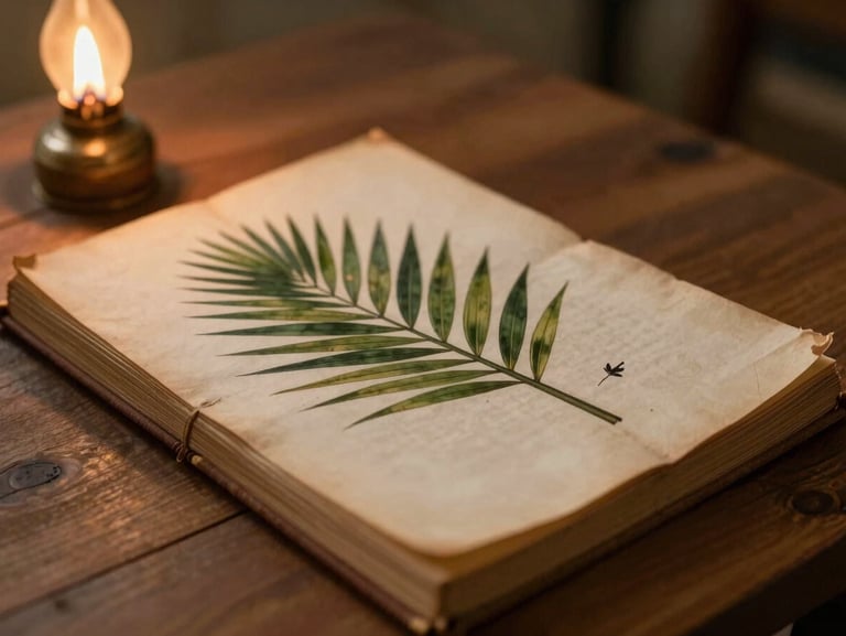 An ancient palm-leaf manuscript resting on a wooden table, soft oil lamp glow, shallow depth of field