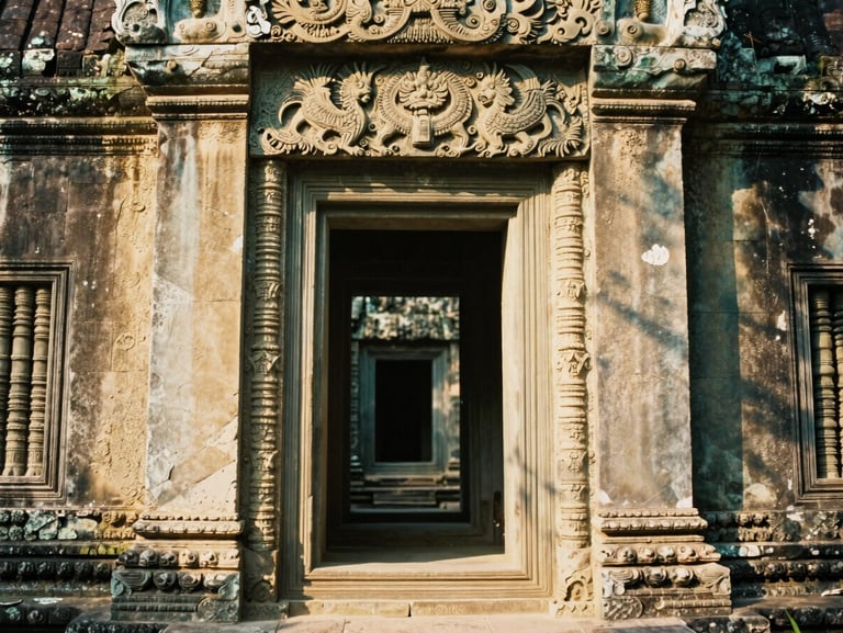 Soft golden light illuminating an ancient stone temple archway, 35mm film look