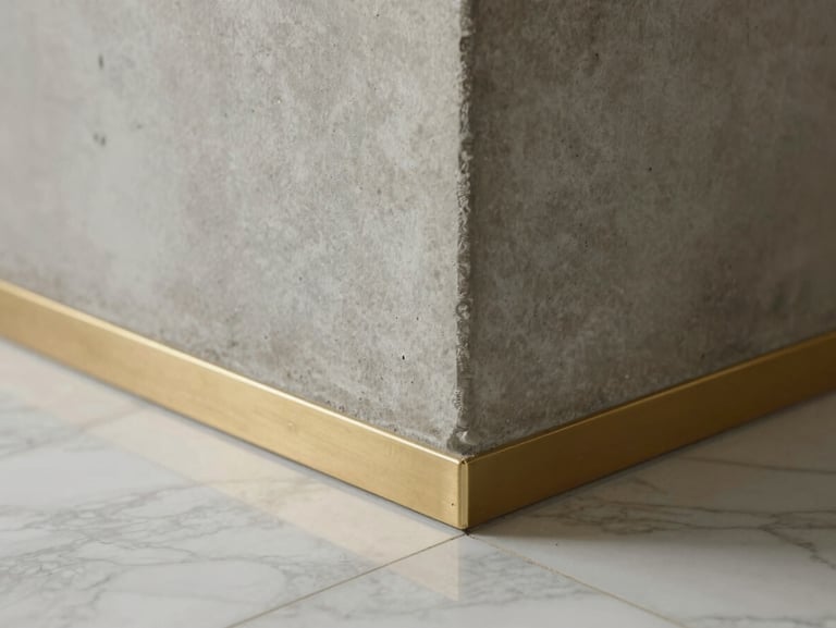 Close-up architectural detail of a polished concrete column meeting a marble floor joint, soft diffused north light, razor-sharp edge alignment visible, warm gold metallic inlay strip running along the junction, no people present