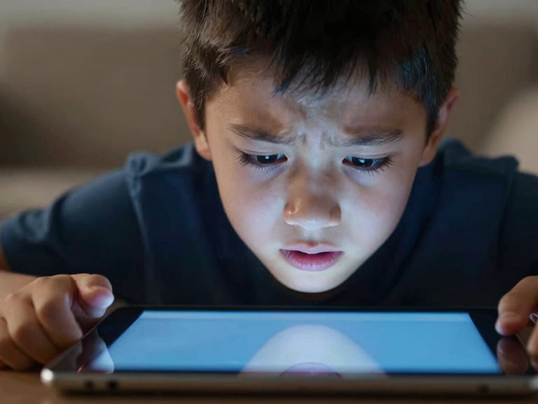 Close-up of a frustrated child refusing to let go of a tablet, cool blue screen light reflecting on their face, emotional editorial photography, shallow depth of field.