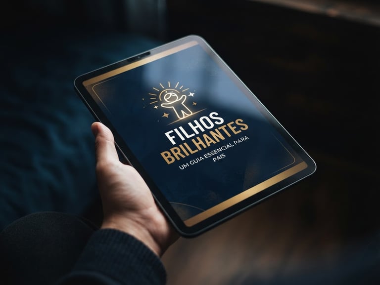 A premium 3D mockup of a modern digital e-book titled Filhos Brilhantes on a tablet screen, clean minimalist design with yellow and dark blue accents, isolated on a dark background