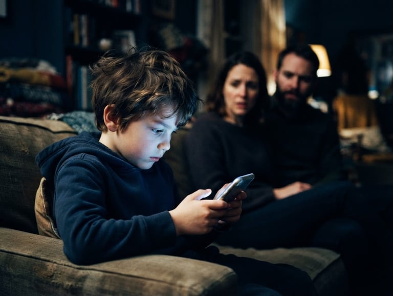 Candid emotional editorial photo of a young child staring intently at a glowing smartphone screen in a dimly lit room, worried parents in the soft-focus background looking on with concern, deep blue tones, high contrast.